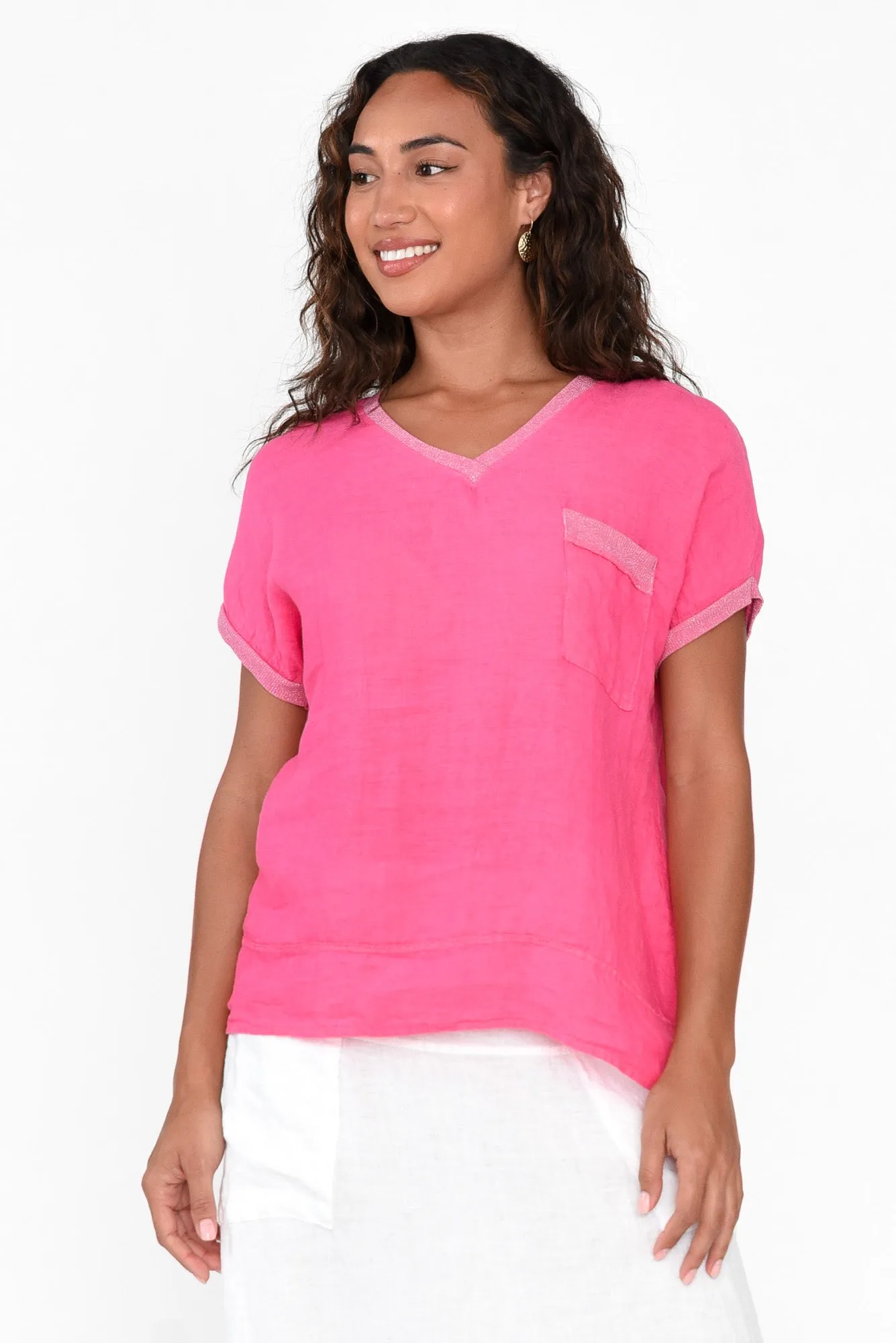 Elaria Fuchsia Linen Blend Tee sold by Blue Bungalow
