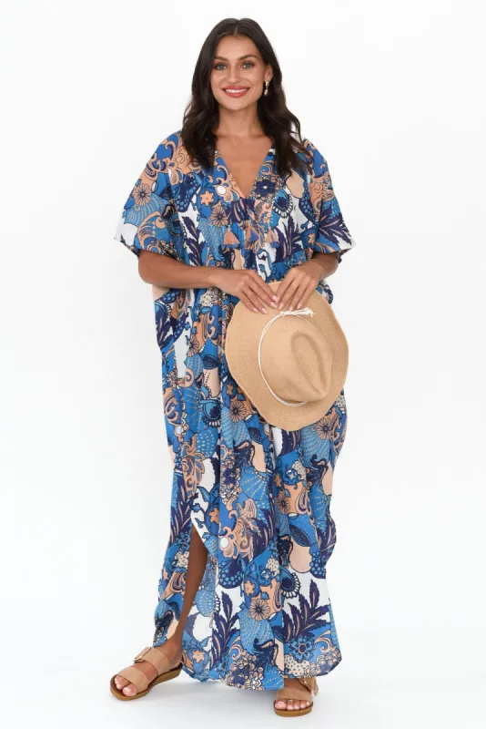 Tiwi Blue Tropical Cotton Kaftan sold by Blue Bungalow