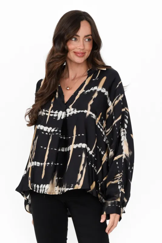 Monroe Black Abstract Silk Blend Top sold by Blue Bungalow