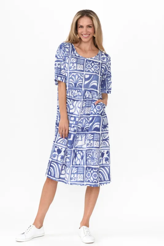 Mackie Blue Mosaic Cotton Pocket Dress sold by Blue Bungalow