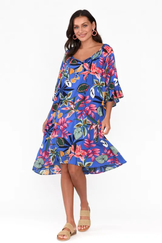 Sophia Blue Tropical Bell Sleeve Dress sold by Blue Bungalow