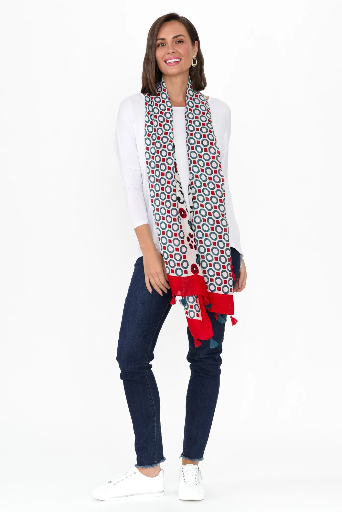 Walida Red Floral Tassel Scarf sold by Blue Bungalow product image thumbnail 2
