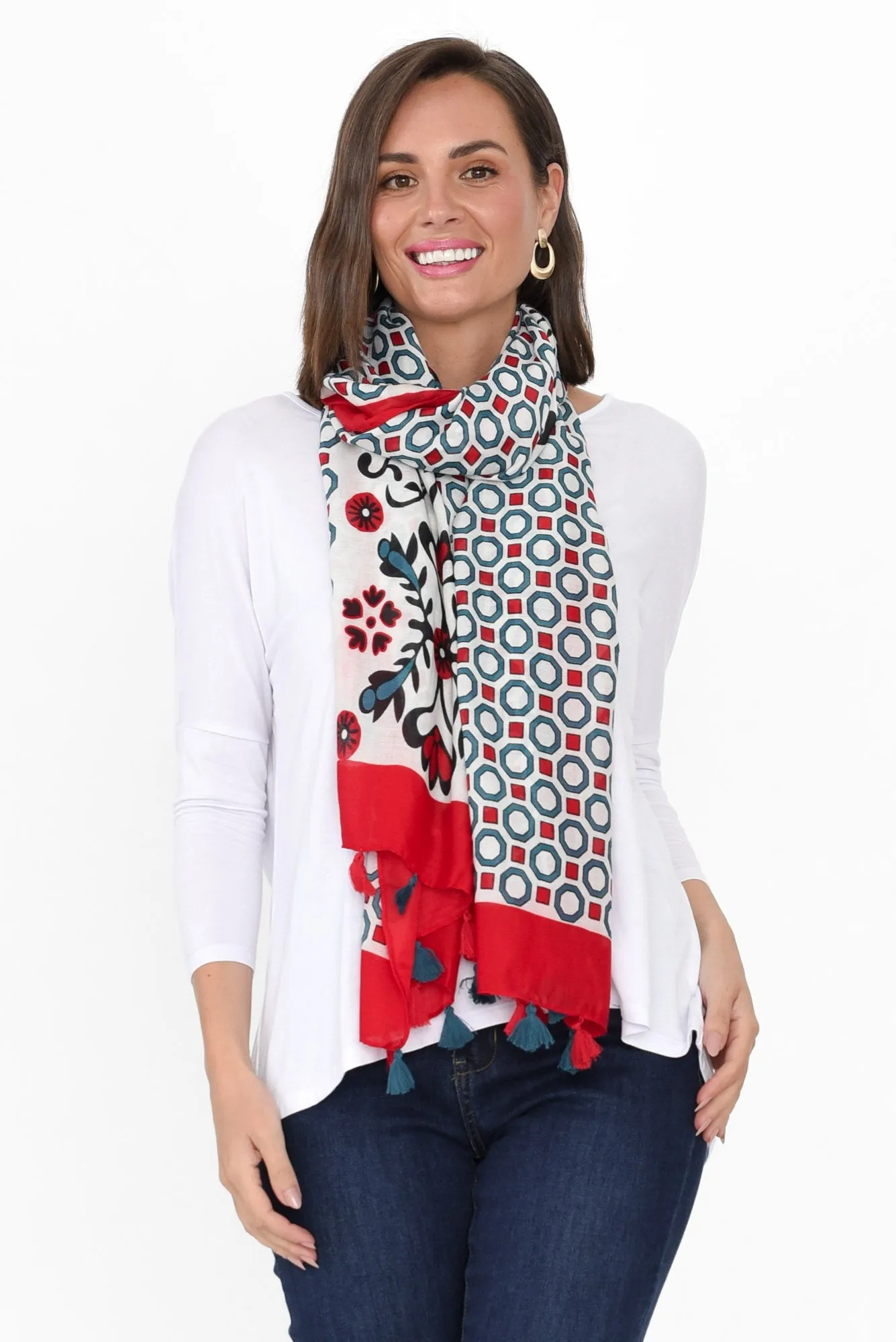 Walida Red Floral Tassel Scarf sold by Blue Bungalow