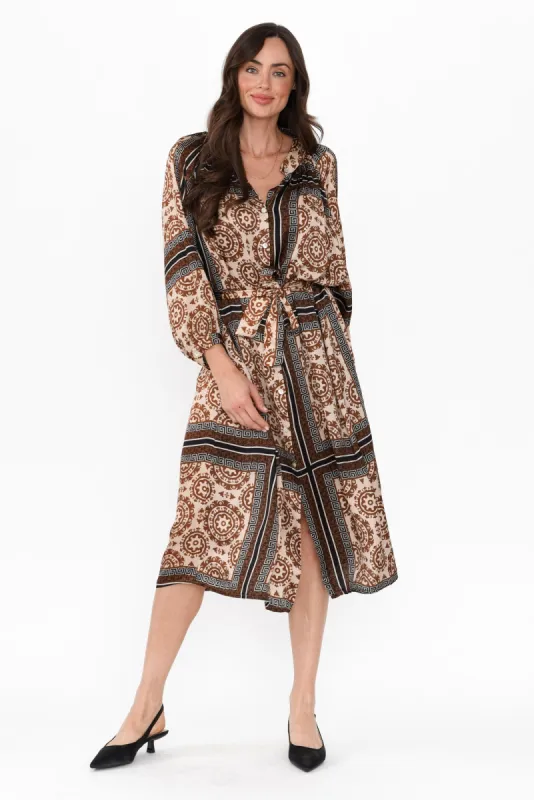 Hills Brown Geo Silk Blend Dress sold by Blue Bungalow