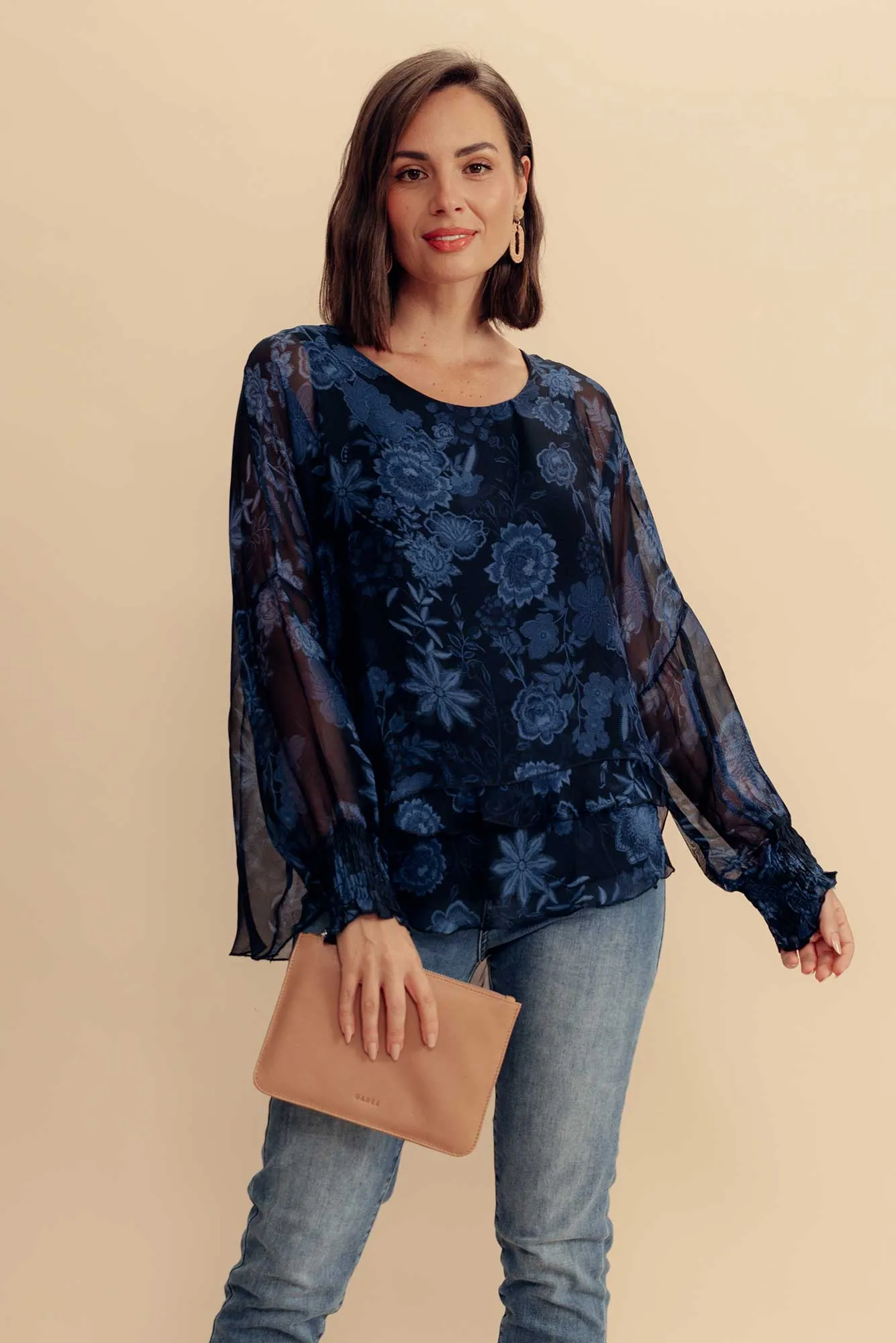Gaia Navy Floral Silk Layer Top sold by Blue Bungalow