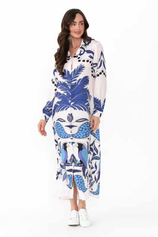 Shayli Blue Tropical Shirt Dress sold by Blue Bungalow