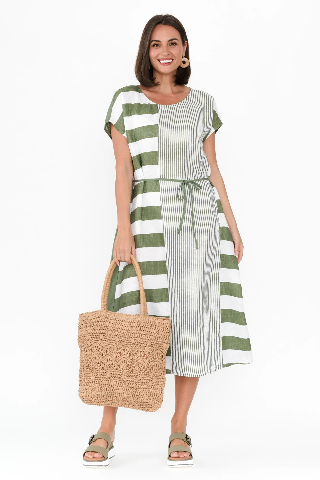 Nunez Khaki Stripe Linen Blend Dress sold by Blue Bungalow