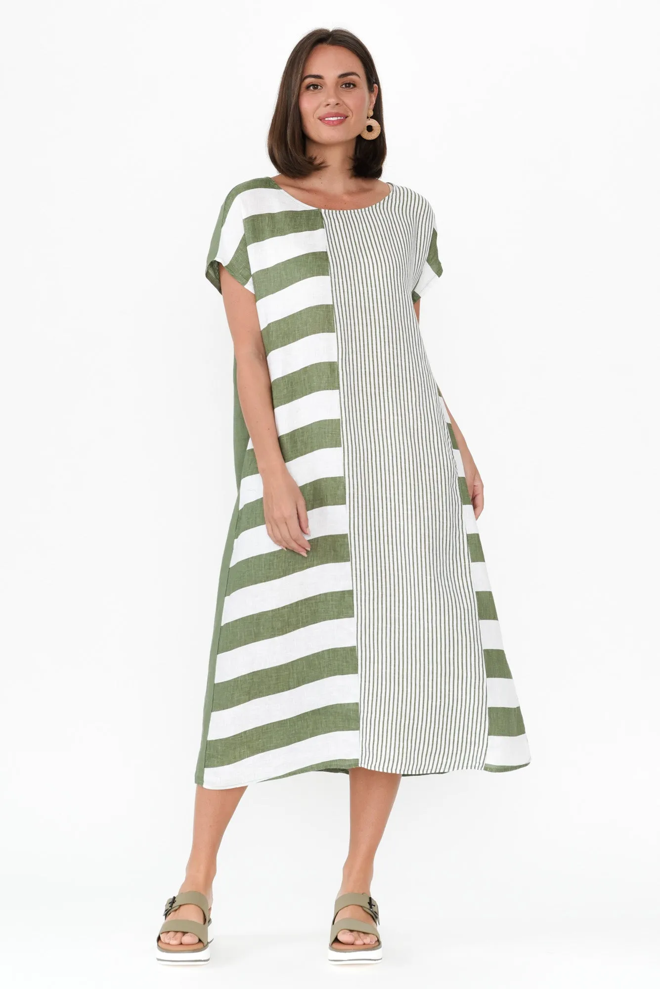 Nunez Khaki Stripe Linen Blend Dress sold by Blue Bungalow product image thumbnail 2