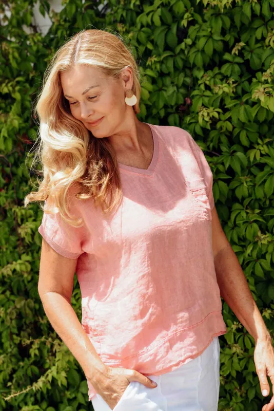 Elaria Peach Linen Blend Tee sold by Blue Bungalow