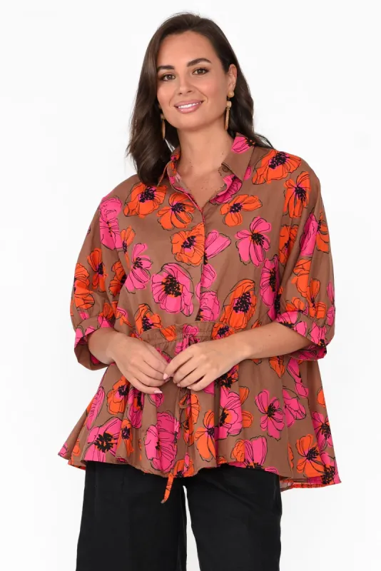 Wylde Brown Floral Gathered Cotton Top sold by Blue Bungalow