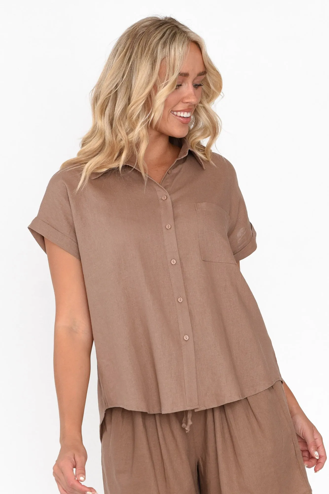 Melody Chocolate Linen Blend Shirt sold by Blue Bungalow