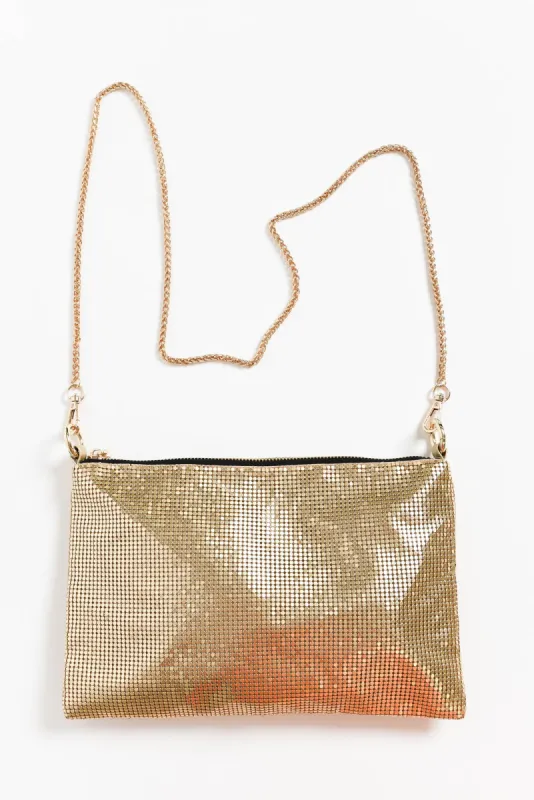 Kumi Gold Chain Mesh Crossbody Bag sold by Blue Bungalow