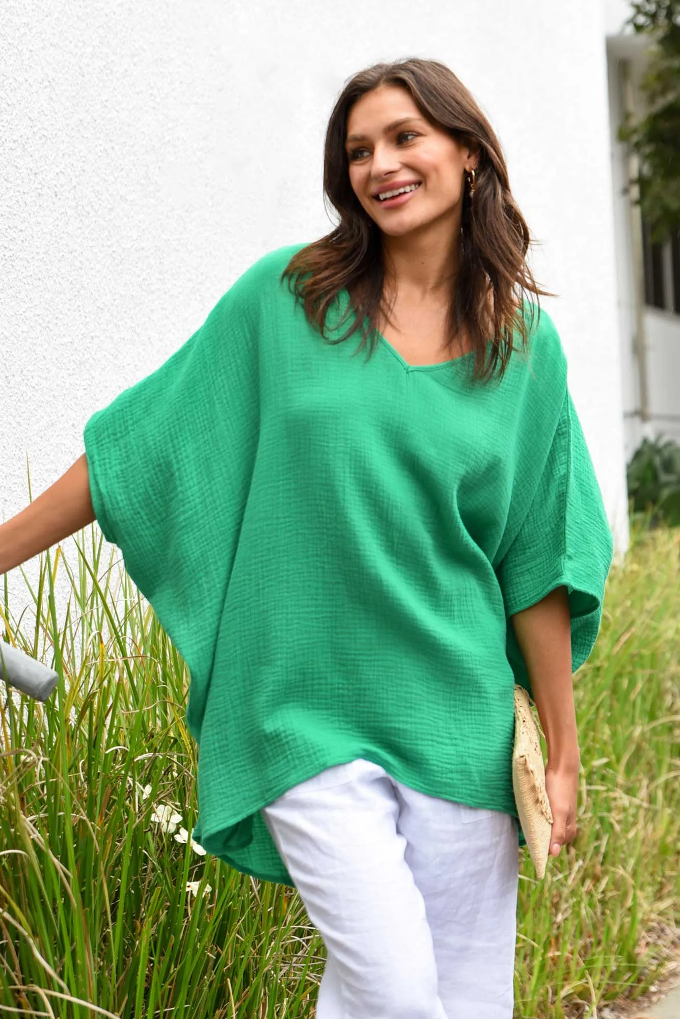 Maida Emerald Cotton V Neck Top sold by Blue Bungalow