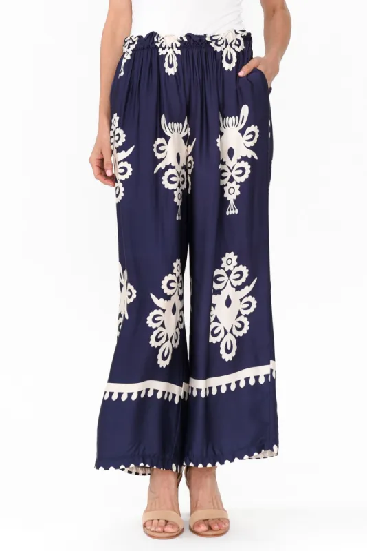 Kestrel Navy Abstract Silk Blend Pants sold by Blue Bungalow