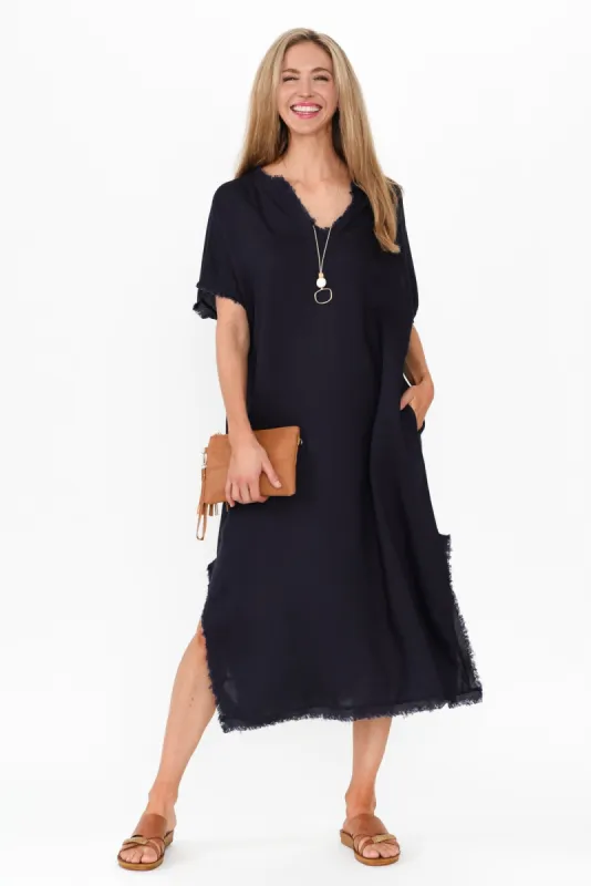 Darlene Navy Linen Blend Dress sold by Blue Bungalow