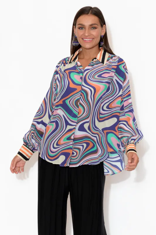 Murphy Cobalt Ripple Puff Sleeve Silk Shirt sold by Blue Bungalow