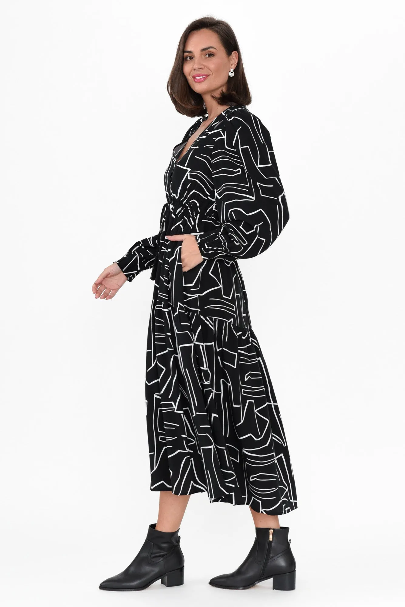 Alba Black Geo Button Tie Dress sold by Blue Bungalow product image thumbnail 3