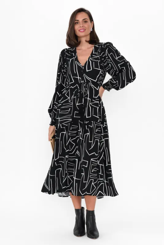 Alba Black Geo Button Tie Dress sold by Blue Bungalow