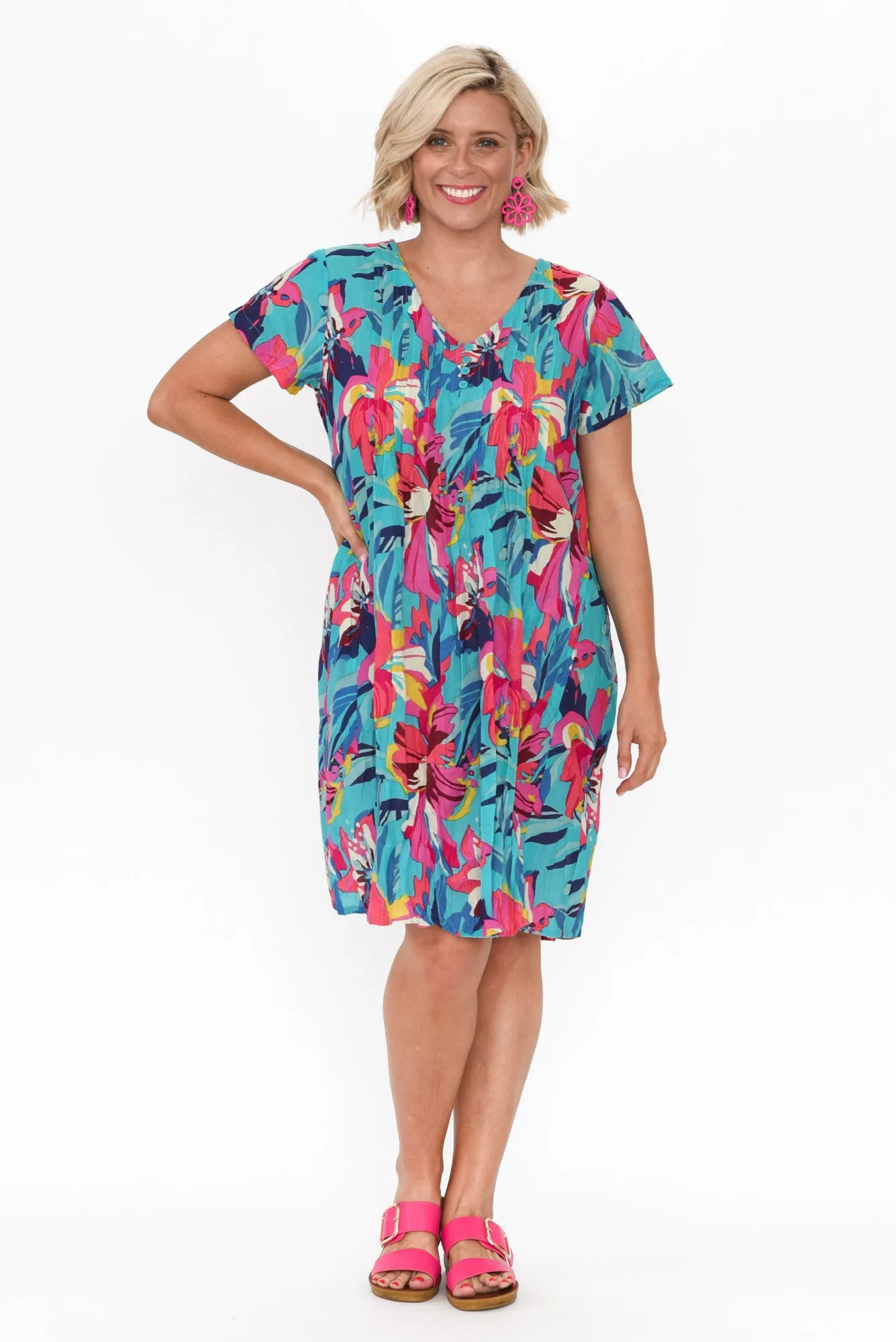 Sabina Blue Bloom Crinkle Cotton Dress sold by Blue Bungalow