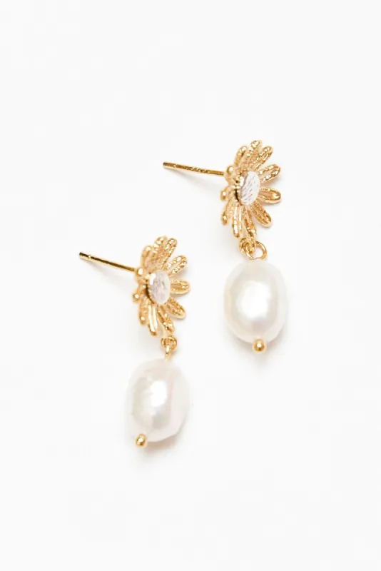 Jamaica Gold Flower Pearl Earrings sold by Blue Bungalow