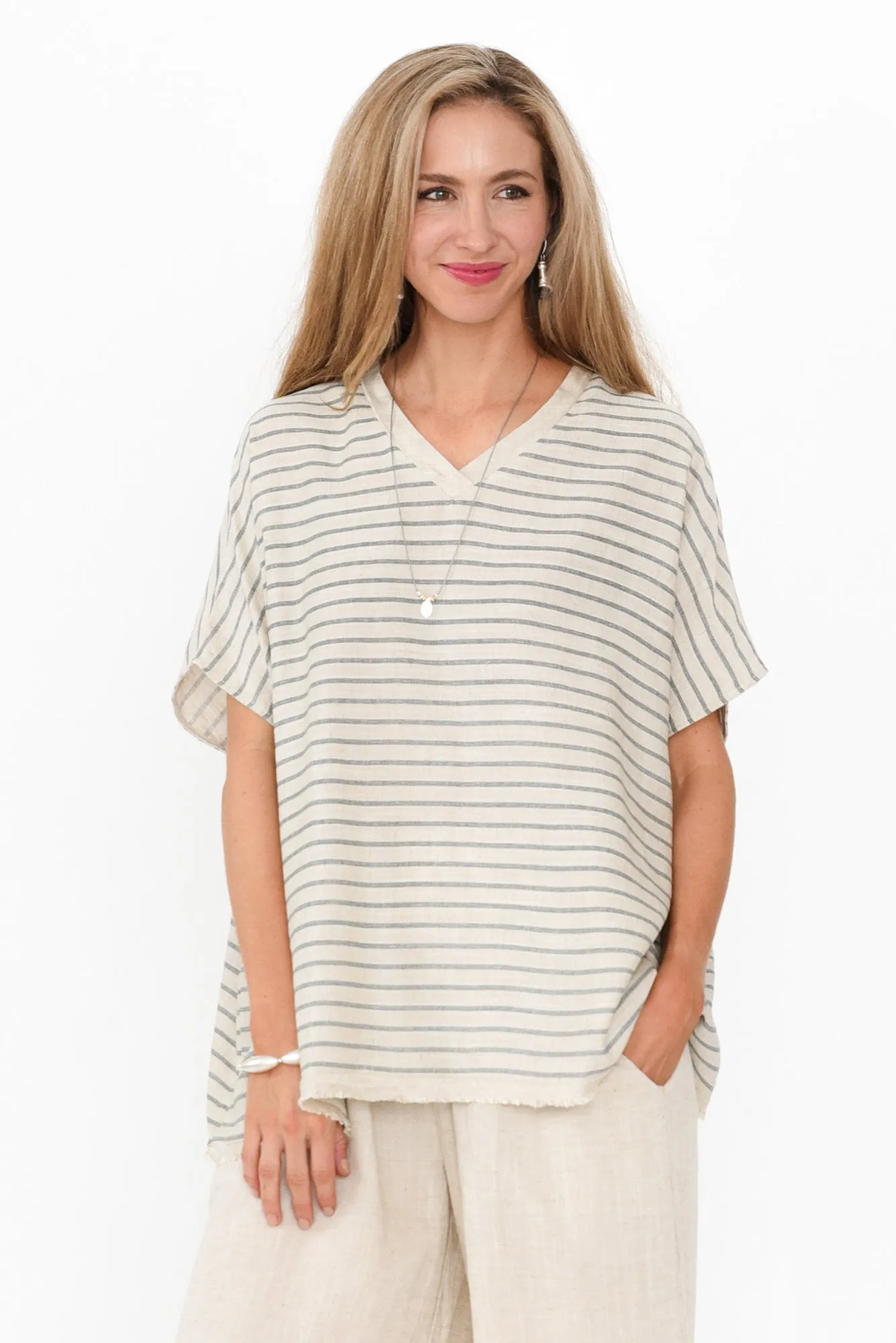 Hanley Beige Stripe Linen Blend Top sold by Blue Bungalow