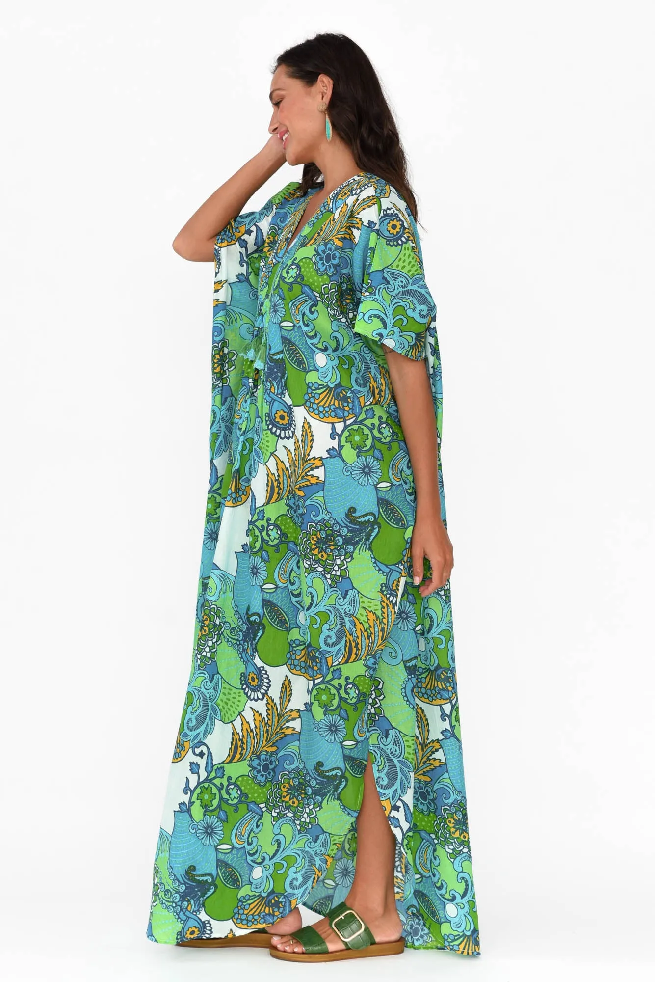 Tiwi Green Paisley Cotton Kaftan sold by Blue Bungalow product image thumbnail 4