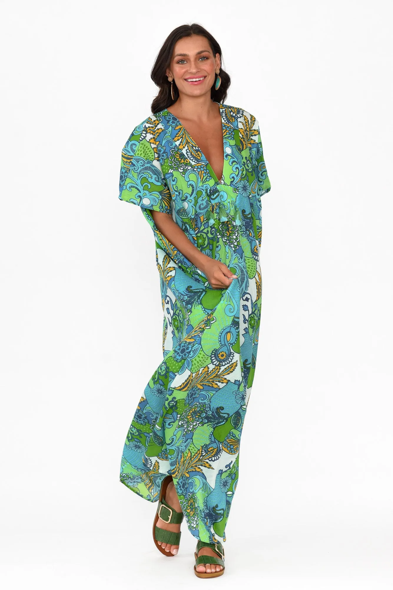 Tiwi Green Paisley Cotton Kaftan sold by Blue Bungalow product image thumbnail 3
