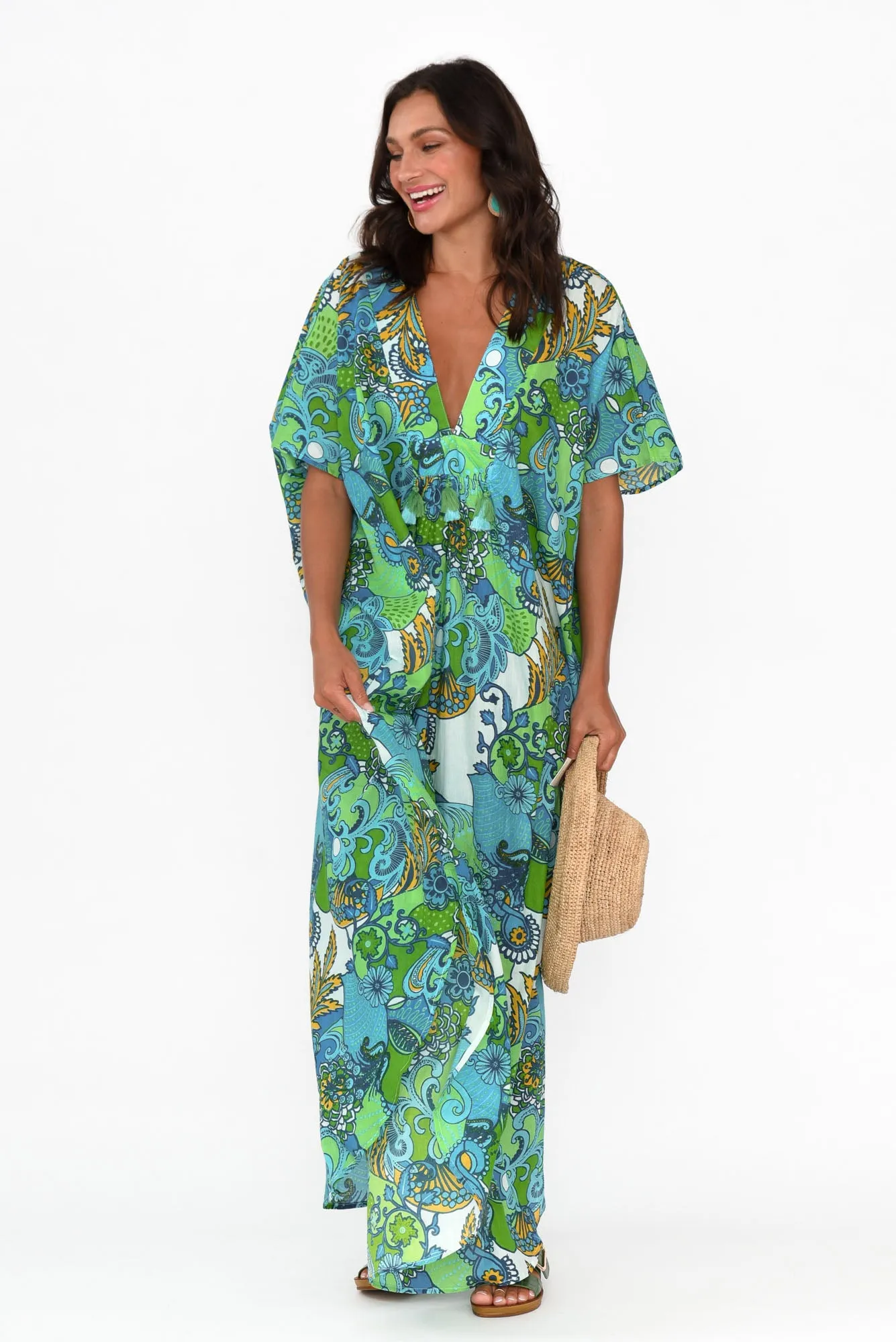 Tiwi Green Paisley Cotton Kaftan sold by Blue Bungalow product image thumbnail 2