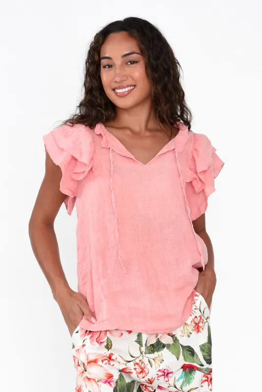 Isannah Peach Linen Ruffle Top sold by Blue Bungalow