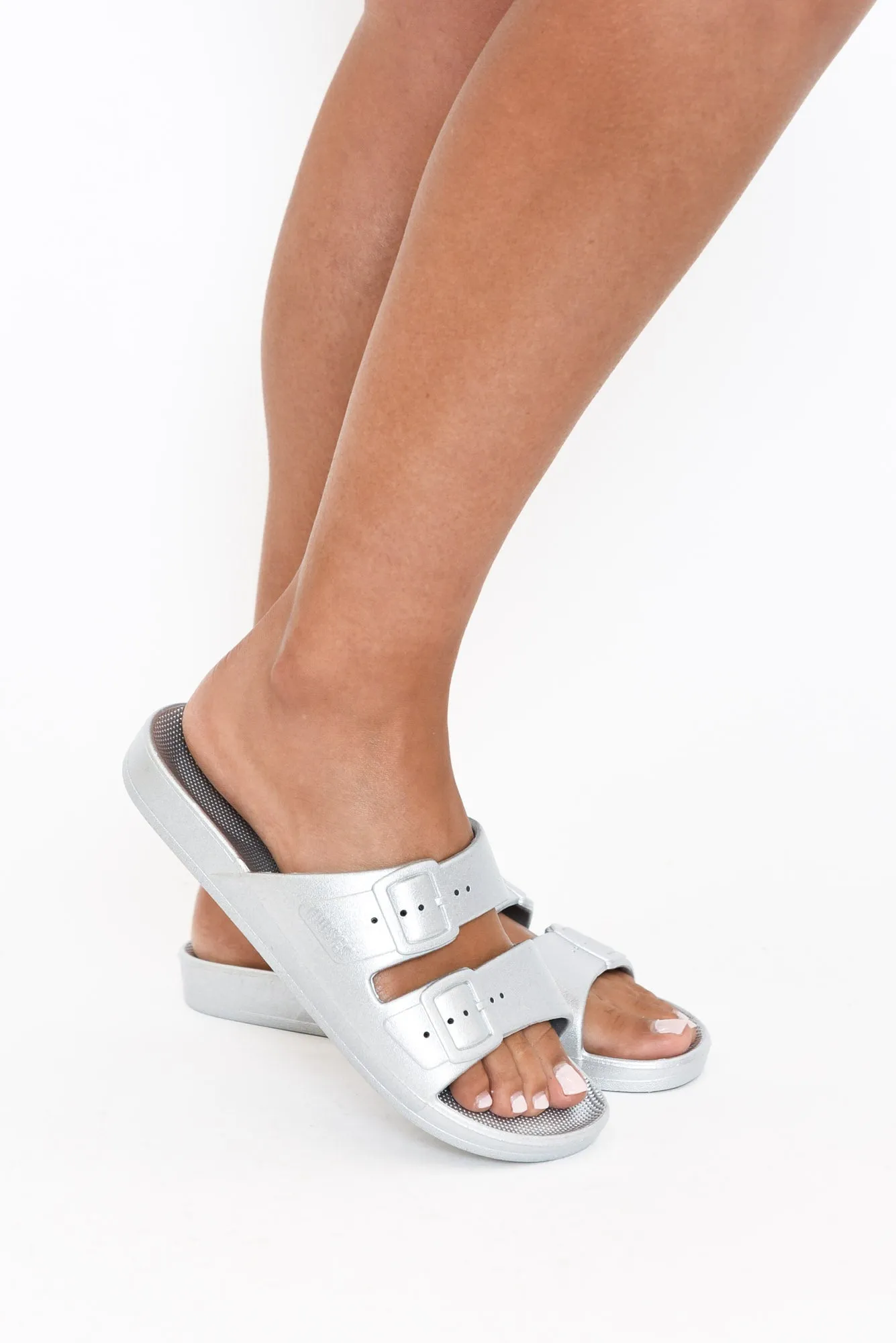 Carter Silver Vegan Slides sold by Blue Bungalow