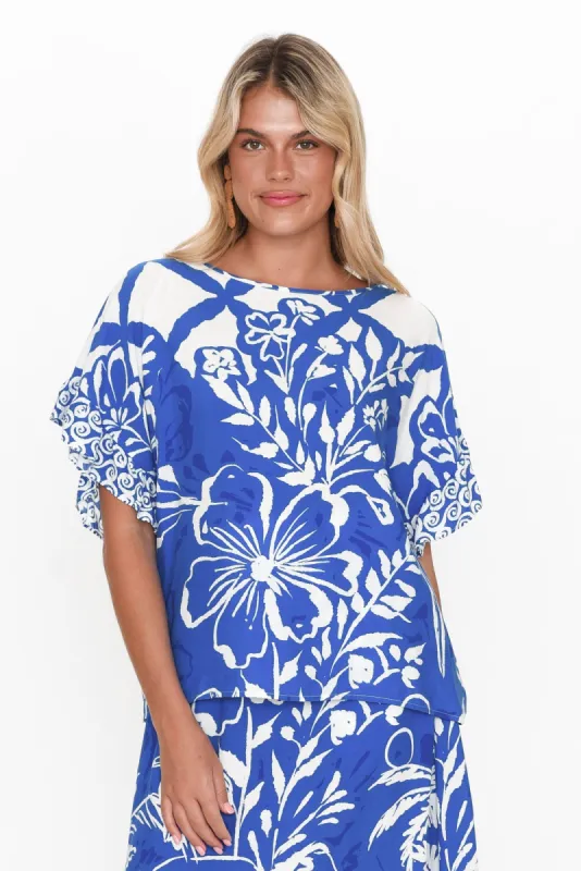 Colter Cobalt Tropical Frill Top sold by Blue Bungalow