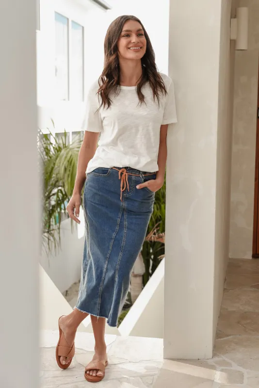 Lusia Dark Blue Denim Tie Skirt sold by Blue Bungalow