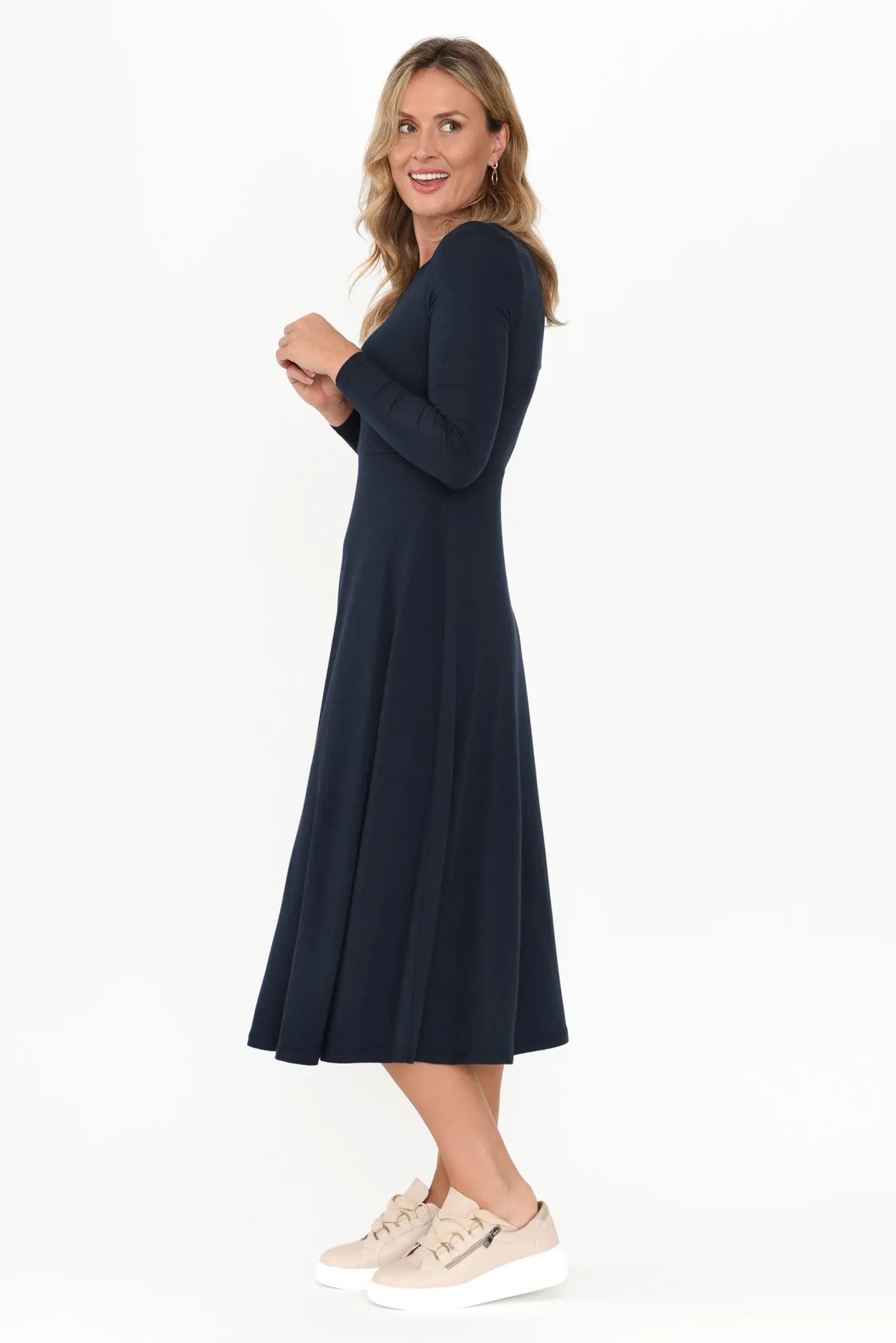 Olivia Dark Navy Bamboo Sleeved Dress sold by Blue Bungalow product image thumbnail 3