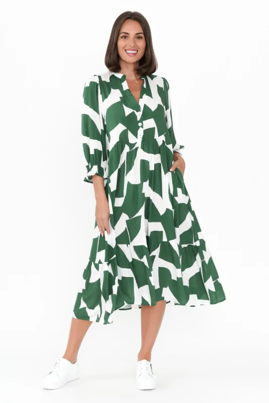 Leela Green Abstract Sleeved Dress sold by Blue Bungalow