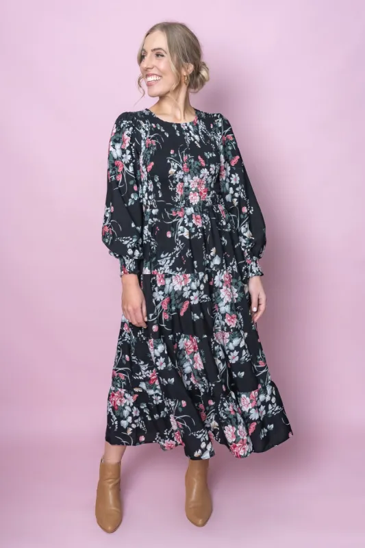 Nella Floral Midi Dress in Black sold by Always Alice