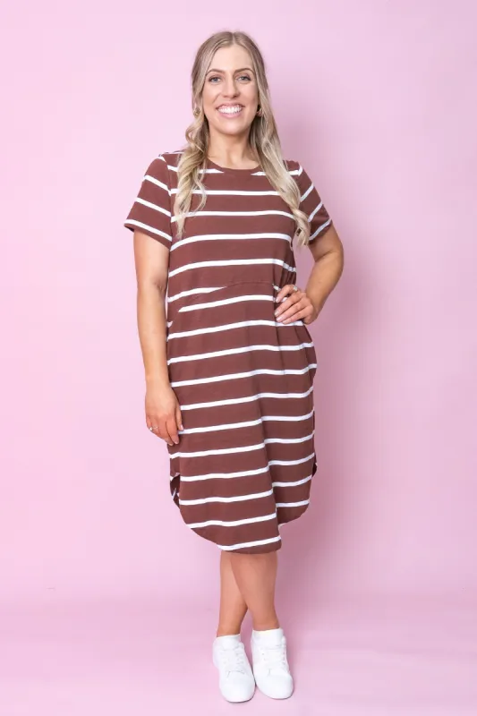 Bay Stripe Dress in Chocolate/White Stripe - Foxwood - Final Sale sold by Always Alice