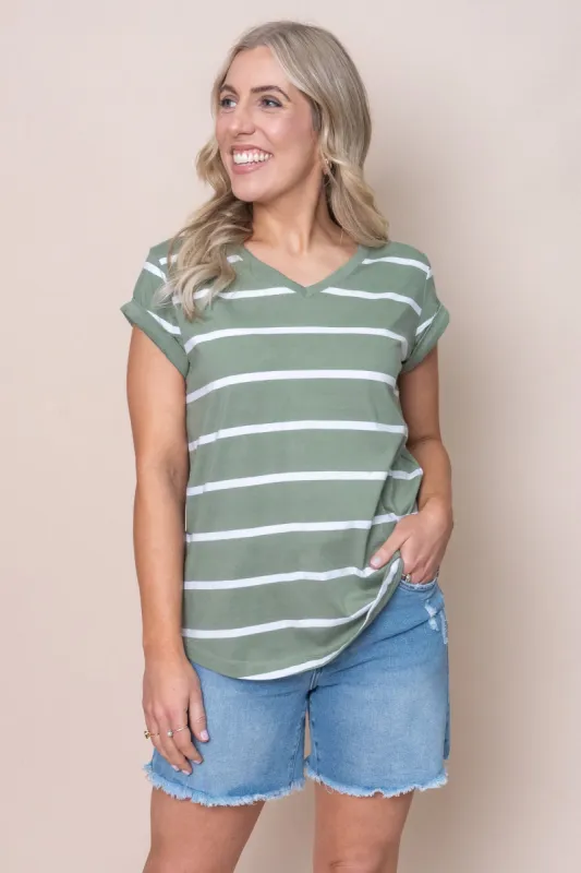 Manly Stripe Vee Tee in Sage - Foxwood - Final Sale sold by Always Alice