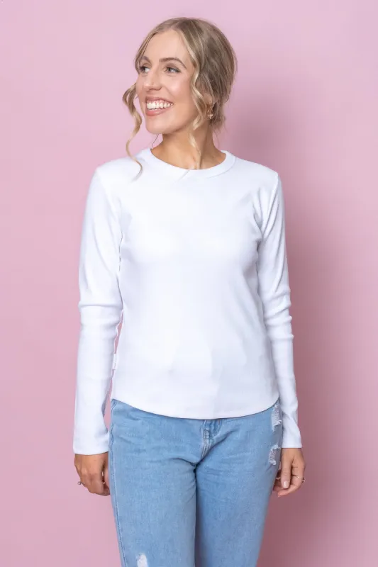 Scoop L/S Rib Top in White - Foxwood sold by Always Alice
