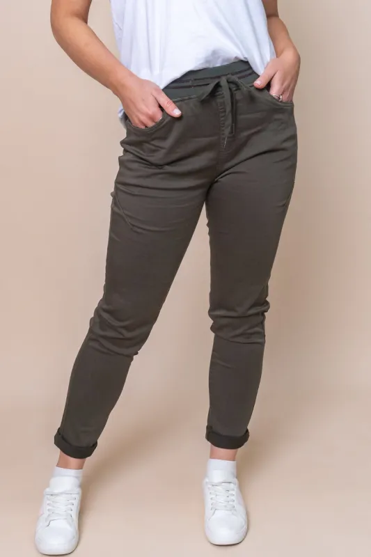 Sylvia Jogger Pants in Dark Khaki - Foxwood sold by Always Alice