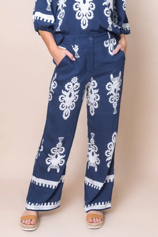 Whitney Geometric Border Print Pants in Navy sold by Always Alice