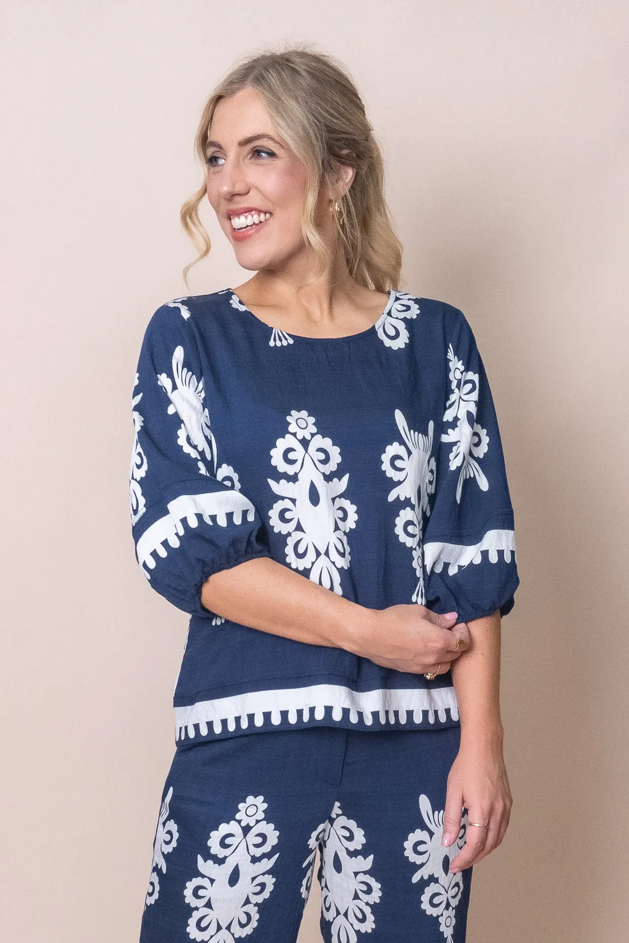 Geneva Geometric Border Print Top in Navy sold by Always Alice
