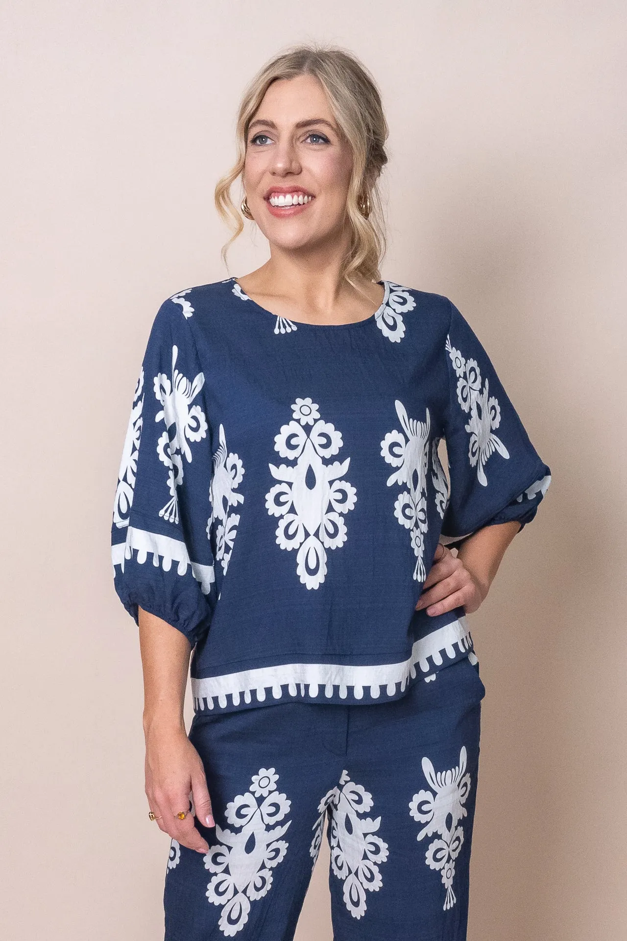 Geneva Geometric Border Print Top in Navy sold by Always Alice product image thumbnail 4