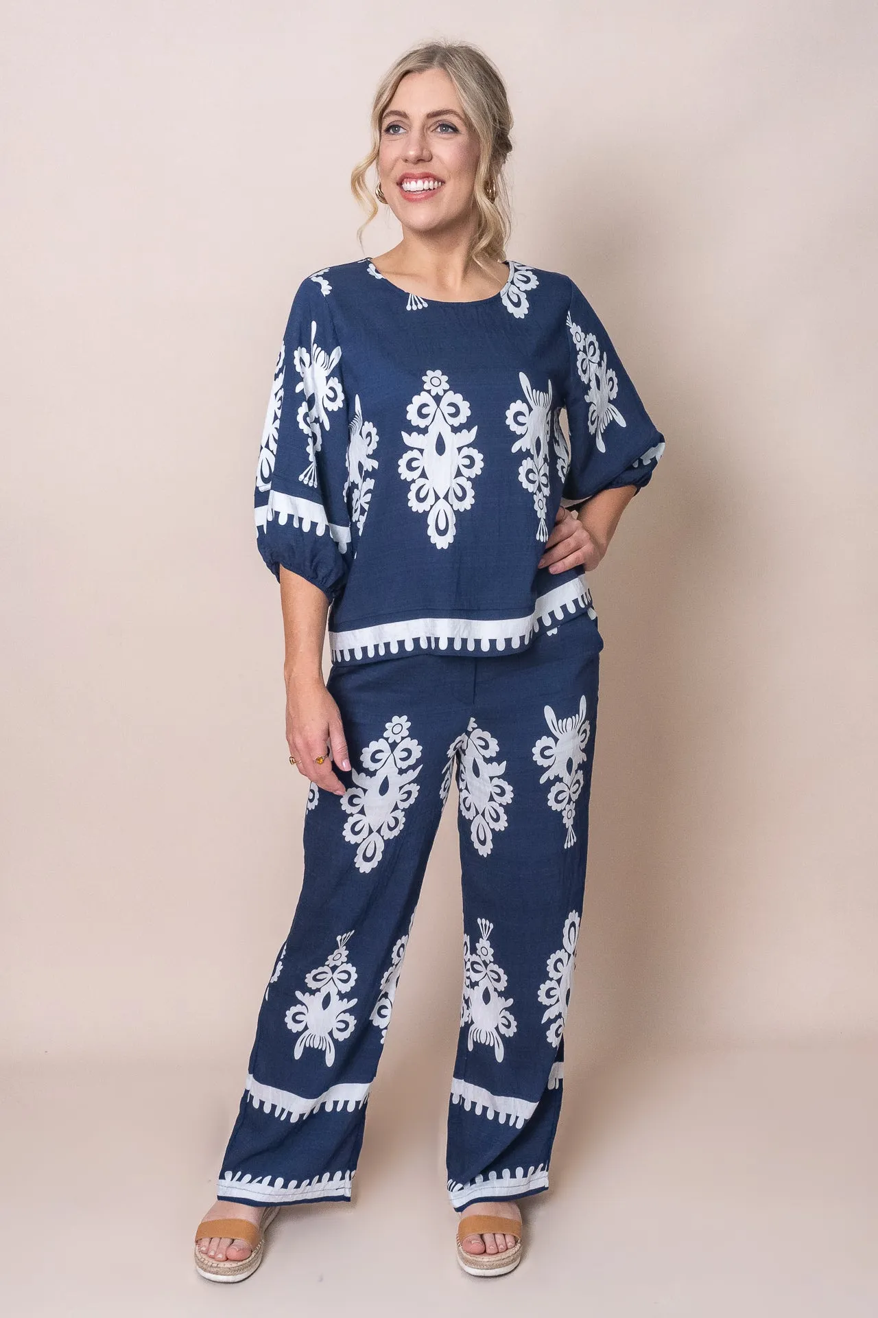 Geneva Geometric Border Print Top in Navy sold by Always Alice product image thumbnail 2