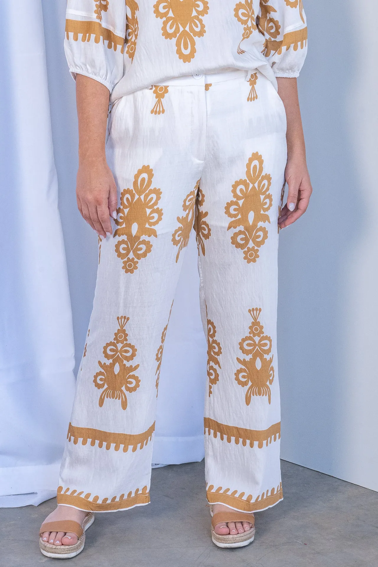 Whitney Geometric Border Print Pants in White sold by Always Alice