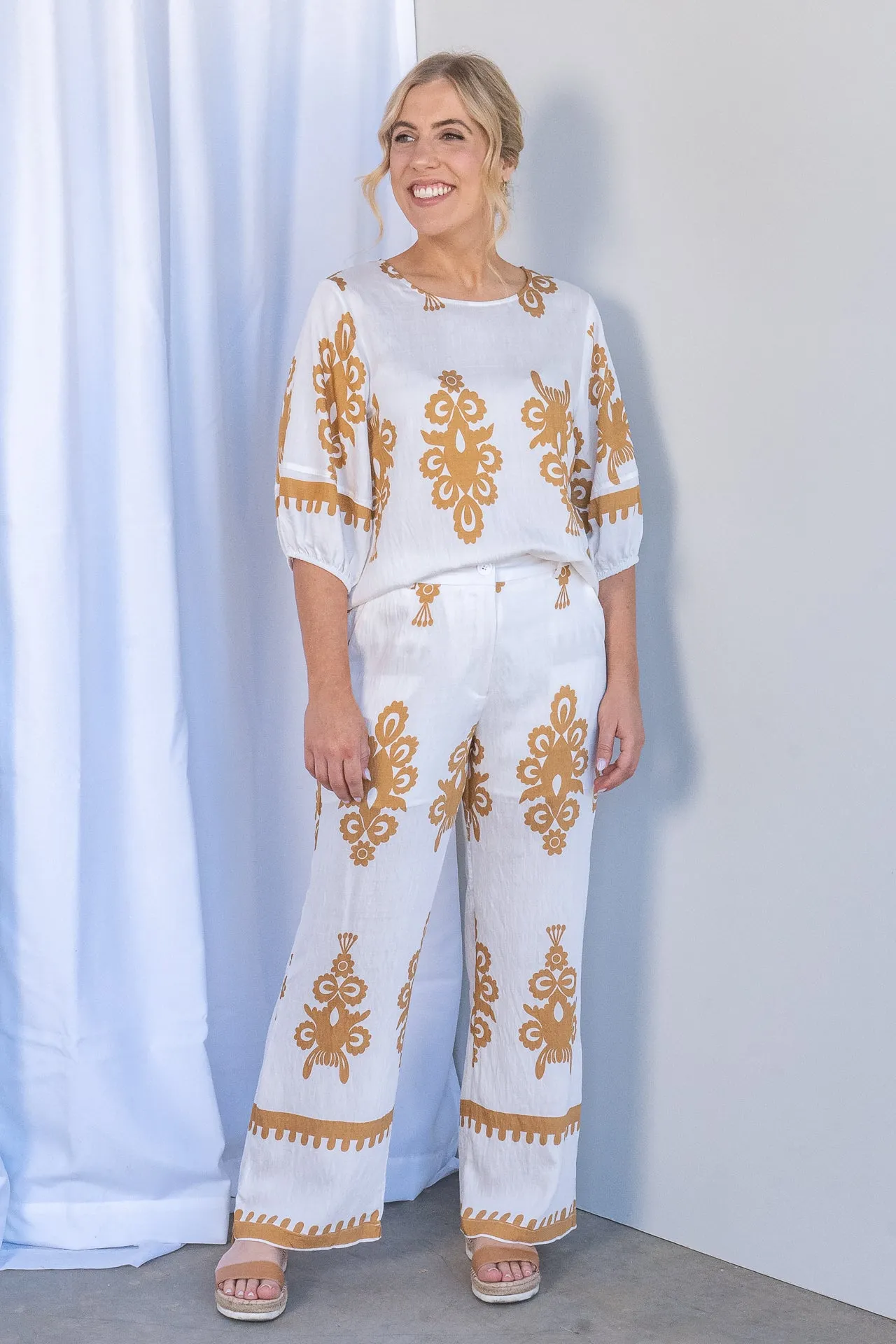 Whitney Geometric Border Print Pants in White sold by Always Alice product image thumbnail 2