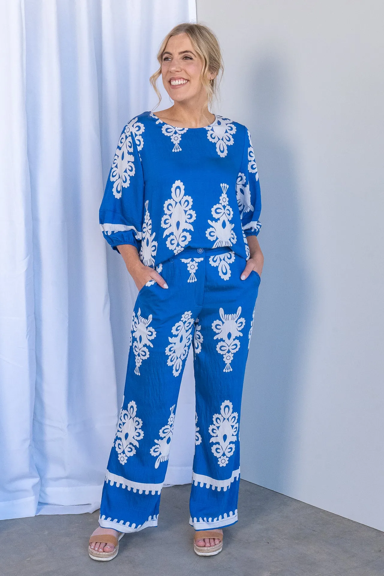 Whitney Geometric Border Print Pants in Cobalt sold by Always Alice product image thumbnail 2