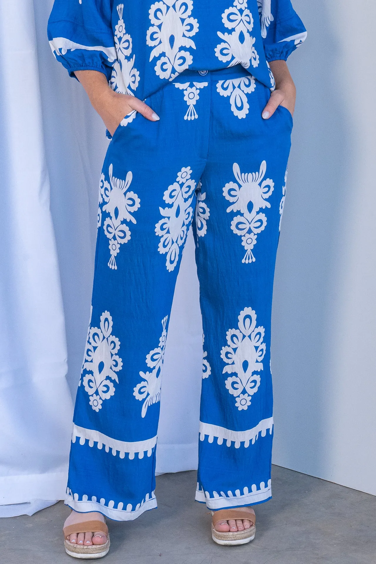 Whitney Geometric Border Print Pants in Cobalt sold by Always Alice