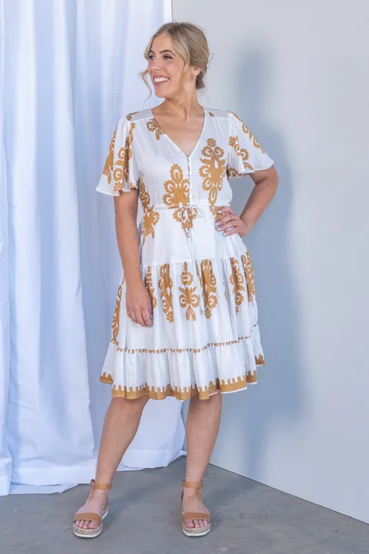 Sabine Geometric Border Dress in White sold by Always Alice