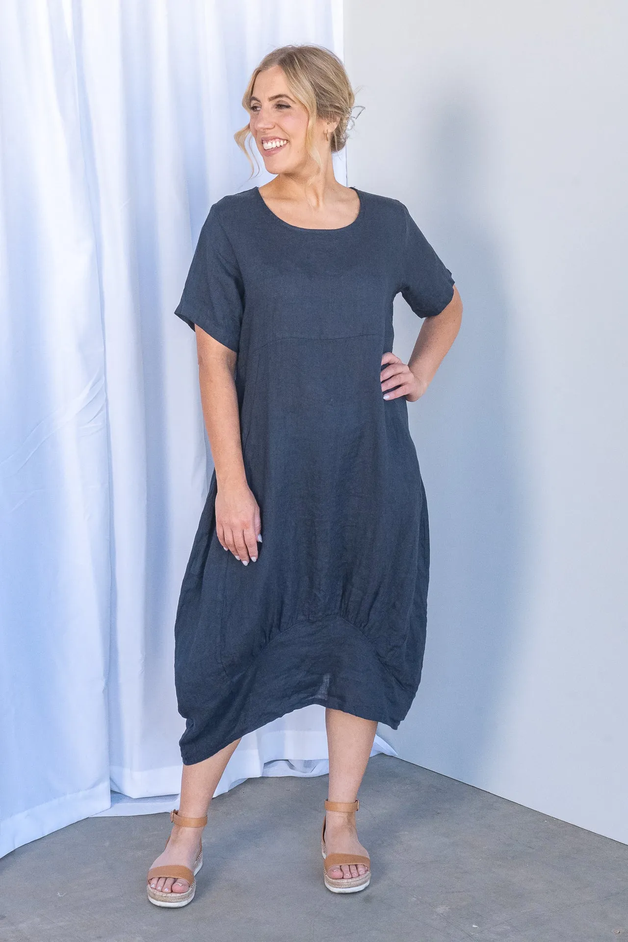 Grier Linen Midi Dress in Navy sold by Always Alice