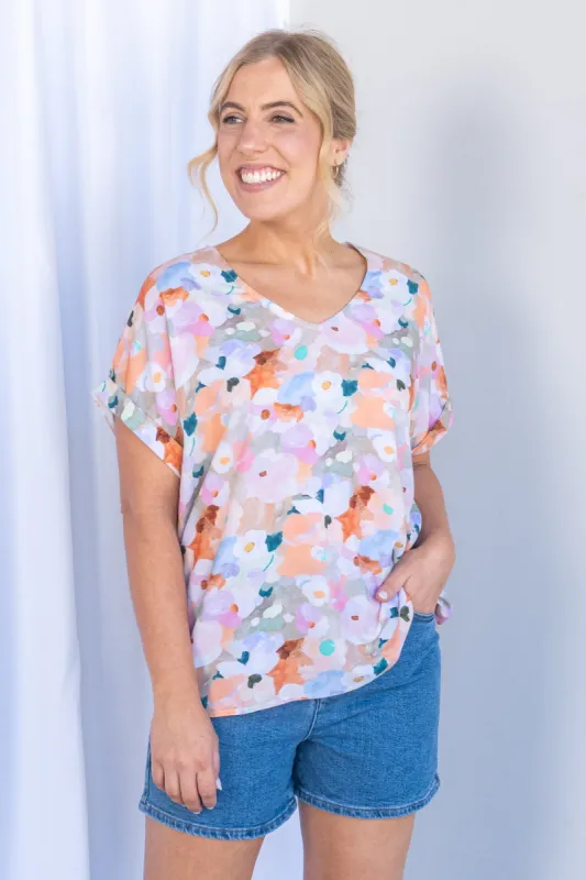 Nancy Floral V-Neck Top in Peach Multi sold by Always Alice